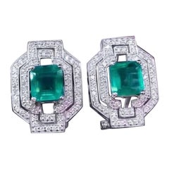 AIG Certified 6.00 Ct Zambian Emeralds  1.20 Ct Diamonds 18K Gold Earrings