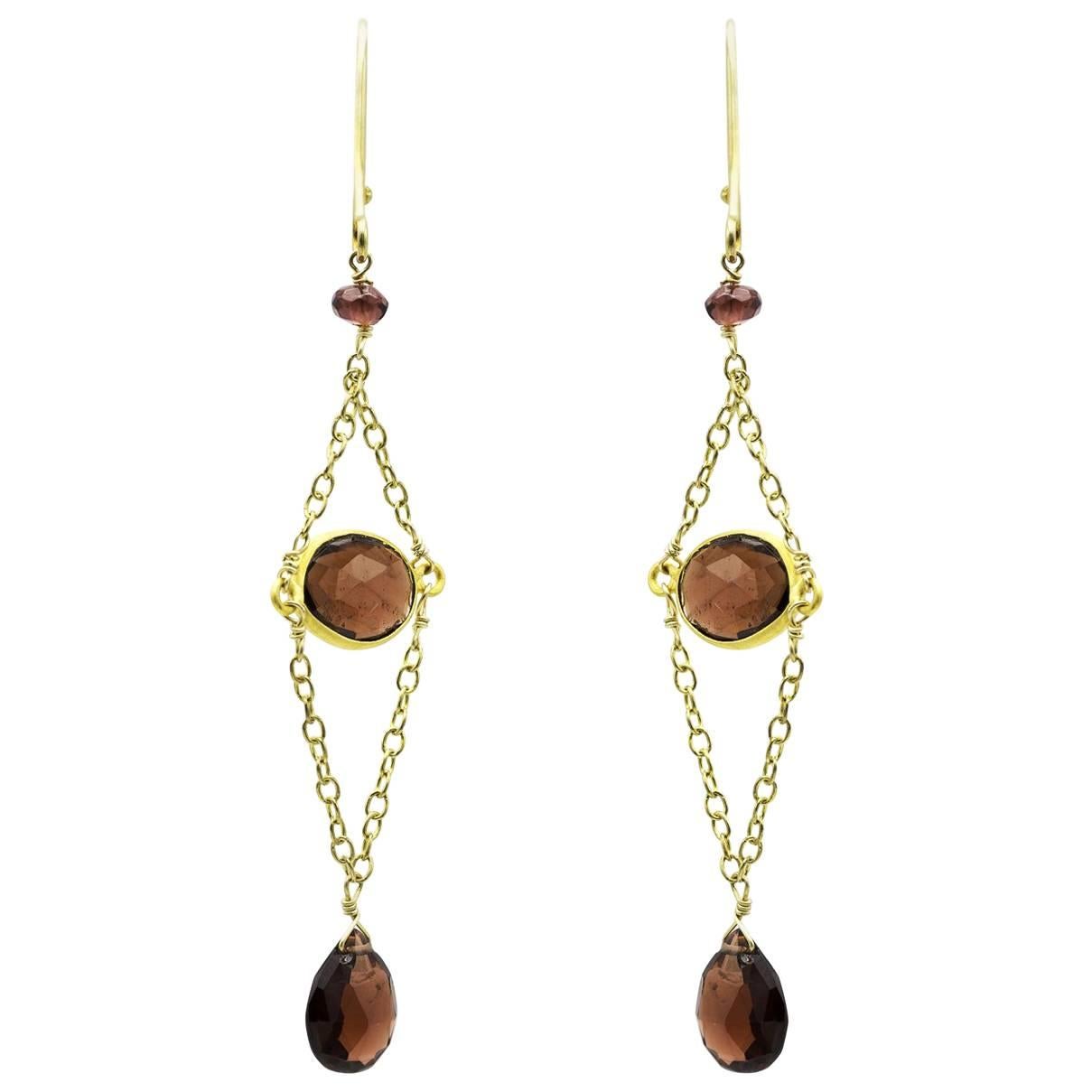 Garnet and Gold Chain Earrings with Faceted Bead Briolettes