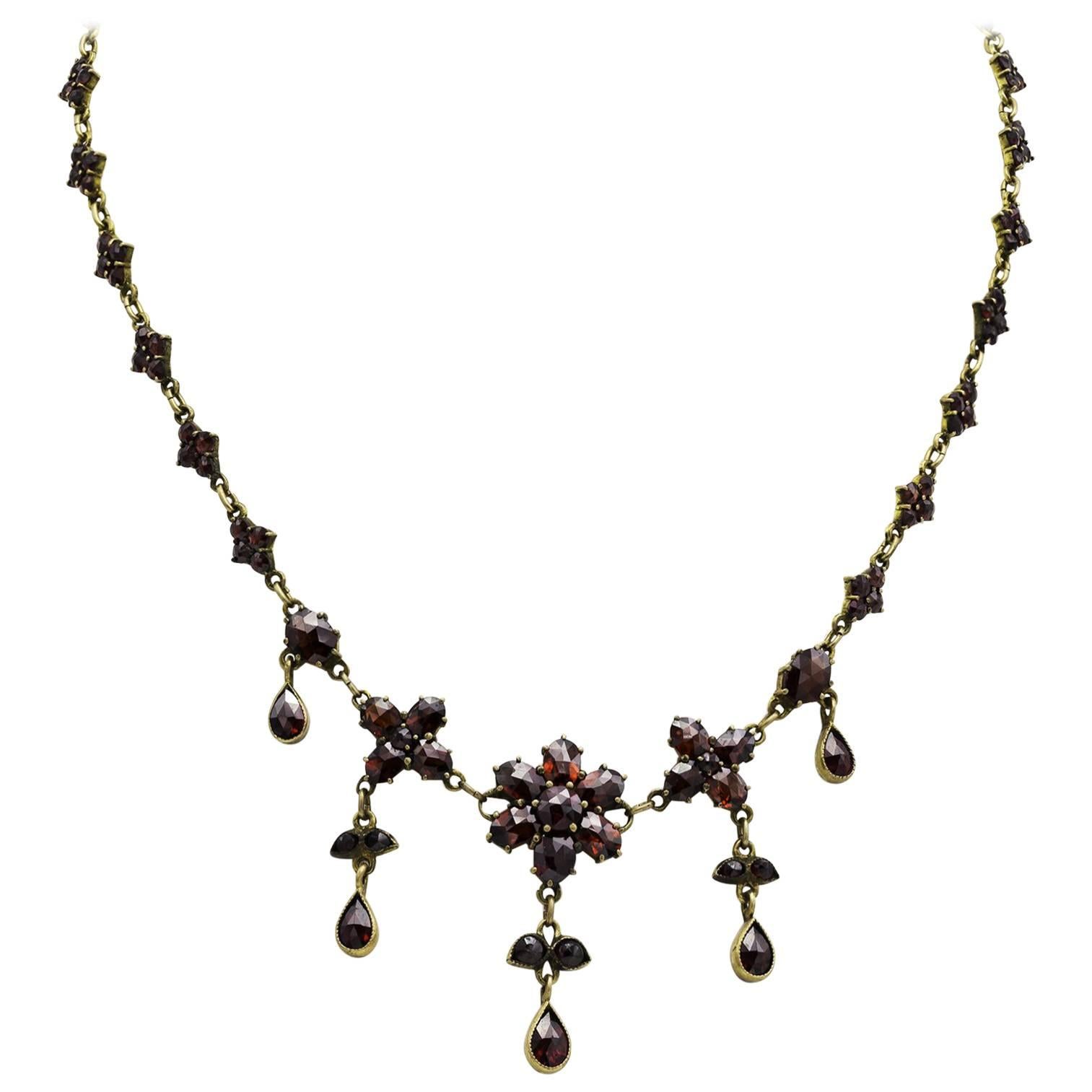 Victorian Garnet Necklace in a Floral Design with Tear Drop Briolettes