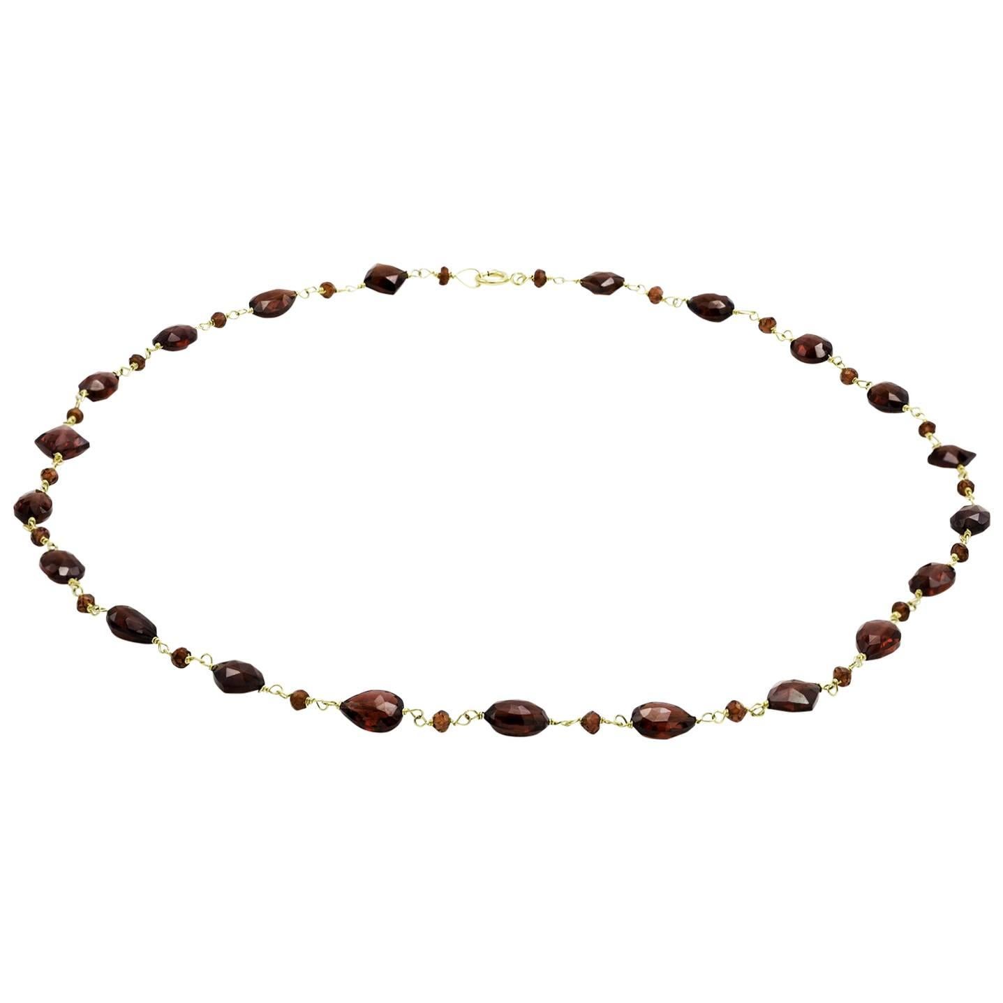 Faceted Garnet Bead Necklace in Gold with Tear Shapes, Squares, and Ovals 