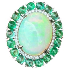 Certified 5.64 Carat Cabochon Opal and Emerald Cocktail Ring