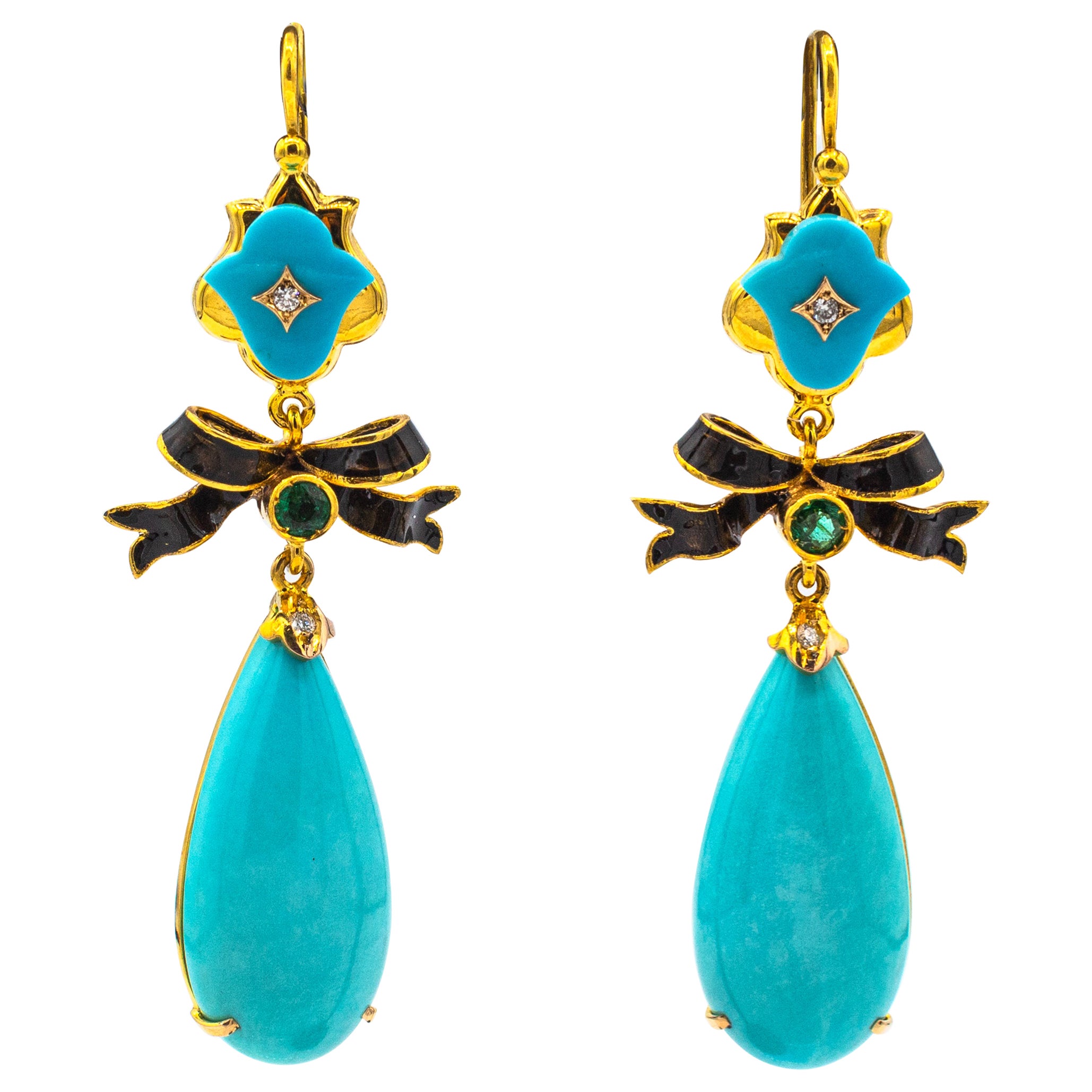 Art Deco Style White Diamond Emerald Natural Turquoise Yellow Gold Drop Earrings