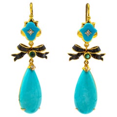 Boucles d'oreilles pendantes de style Art déco en or jaune avec diamant blanc, émeraude, turquoise naturelle et émeraude