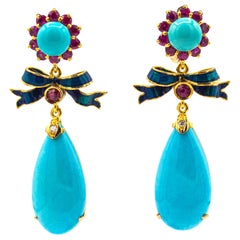 Art Deco Style White Diamond Ruby Natural Turquoise Yellow Gold Drop Earrings