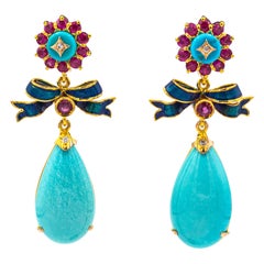 Boucles d'oreilles en goutte de style Art déco en or jaune, diamant blanc, rubis et turquoise naturelle