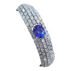 36.30 Cts Emerald Cut F/VS1 IGI Diamonds Tanzanite Tennis Bracelet Fine 18K Gold