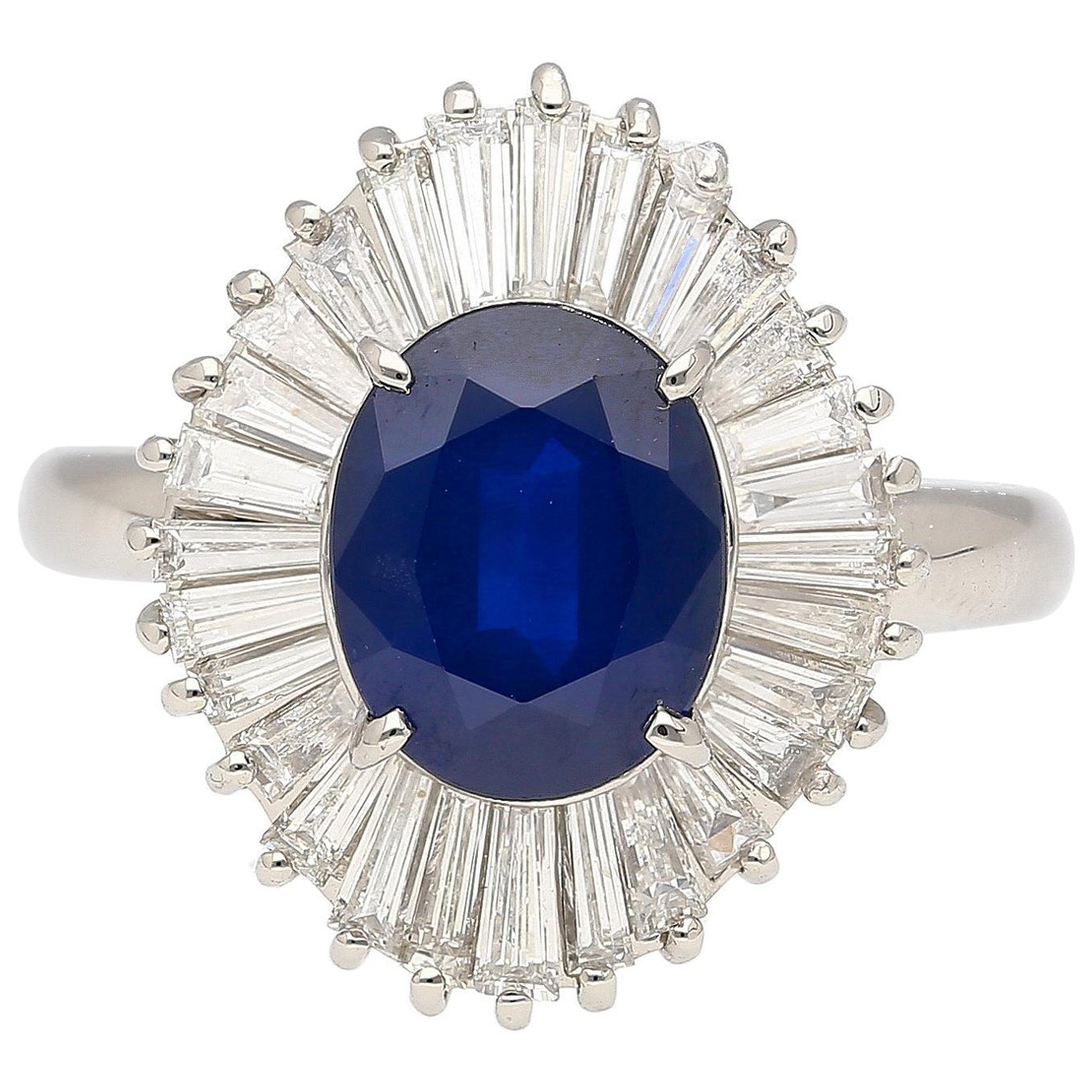 2.58 Carat Oval Cut Blue Sapphire and Diamond Halo Platinum Ballerina Ring