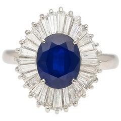 2.58 Carat Oval Cut Blue Sapphire and Diamond Halo Platinum Ballerina Ring