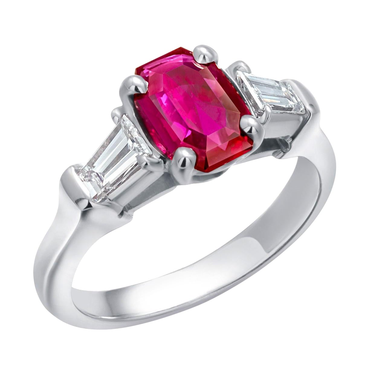 GIA Certified No Indication Heating Emerald Shaped Ruby Diamond Platinum Ring