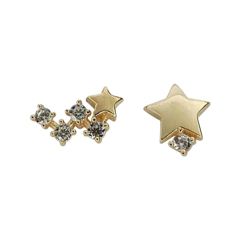 14K Solid Gold Japanese Asymmetric Star Diamond Stud Earrings For Sale