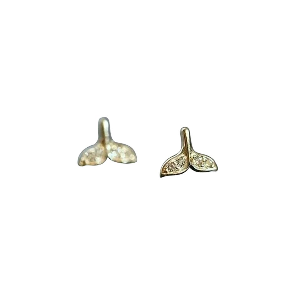 14K Solid Gold Whale Tail Stud Diamond Earring