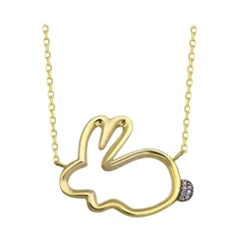 14K Solid Yellow Gold Diamond Rabbit Necklace Dainty