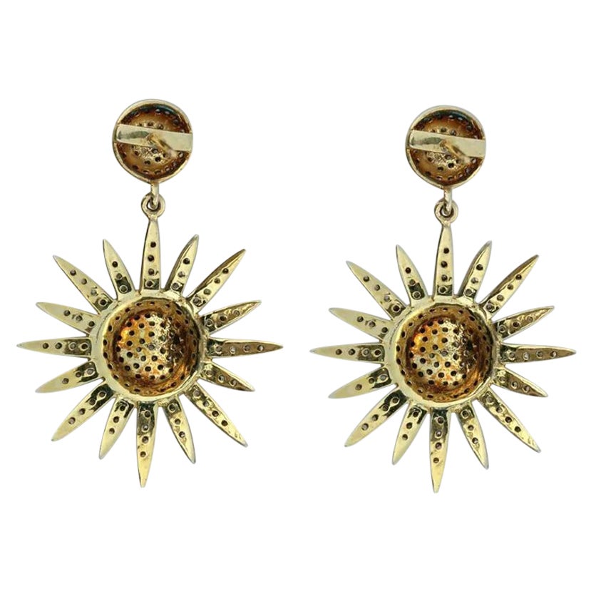 Boucles d'oreilles Sunburst en or 14k, argent 925 et diamants pavés