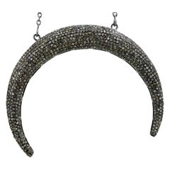 Pave Diamond Handmade Half Moon Pendant Chain Necklace 925 Silver Fine Jewelry
