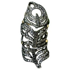 Pave Diamond Peacock Feather Ring in 925 Silver and 14k Gold