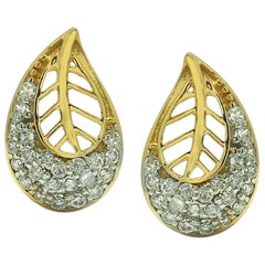 Diamond Flower Earrings in 14K Yellow Gold Leaf Studs Minimalist