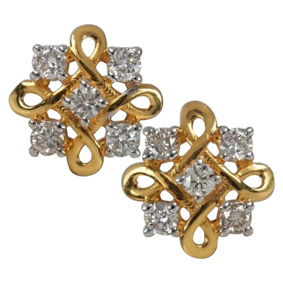 Genuine Diamond Floral Stud Earrings for Women 14K Solid Gold Handmade
