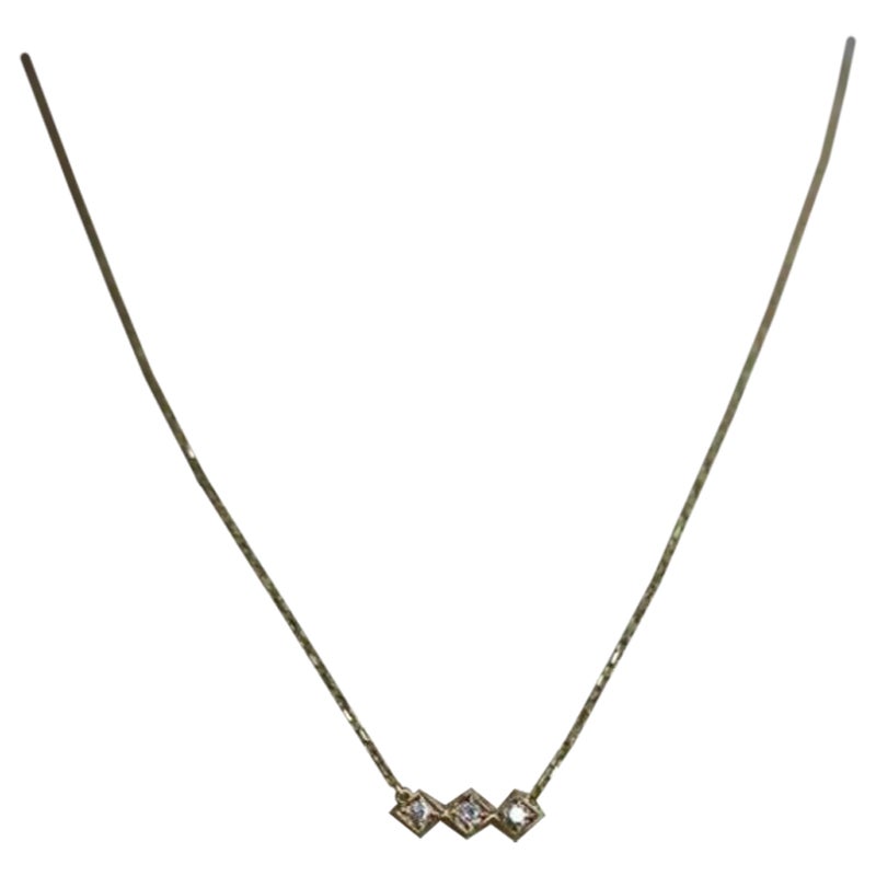 Solid 14k Yellow Gold Three Stone Diamond Necklace
