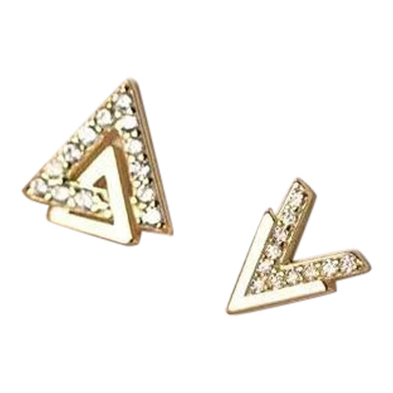 14K Solid Gold Triangle V Shape Stud Earrings Diamond
