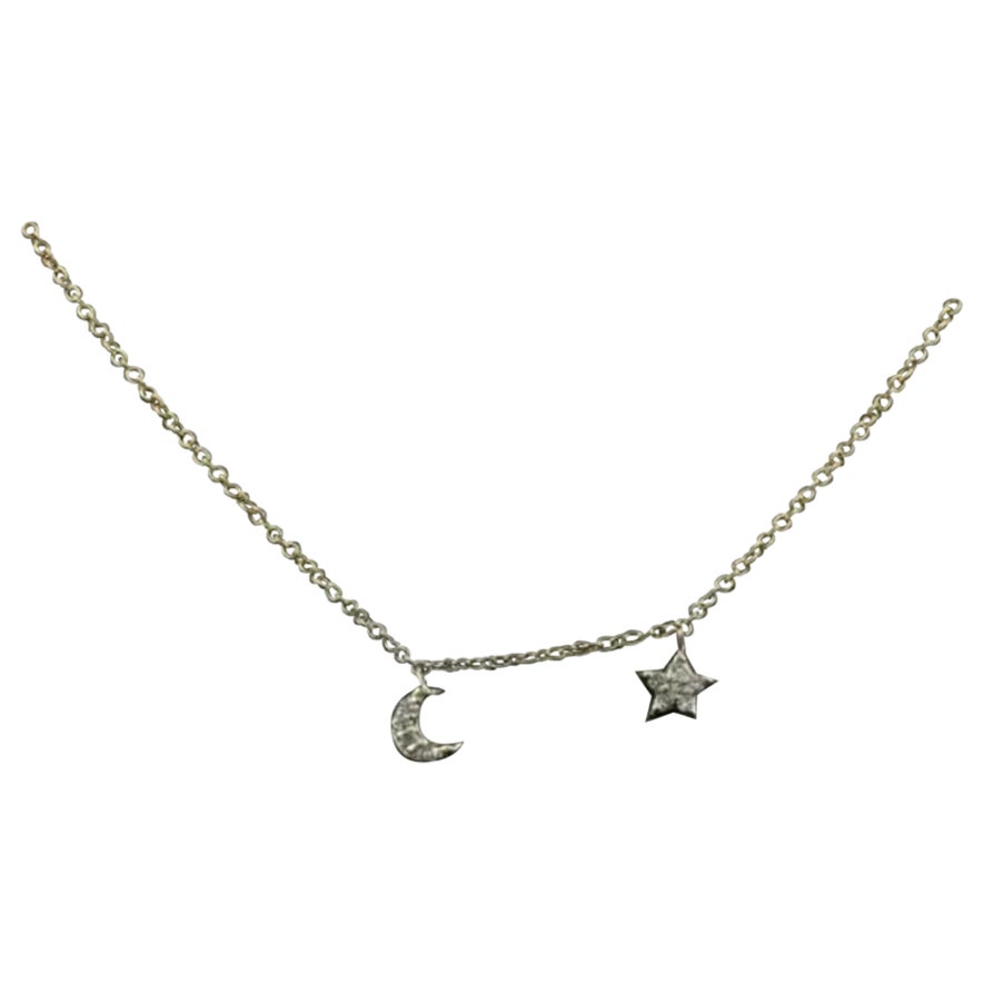 Genuine Diamond Moon Star Pendant Necklace in 14k Yellow Gold Minimalist