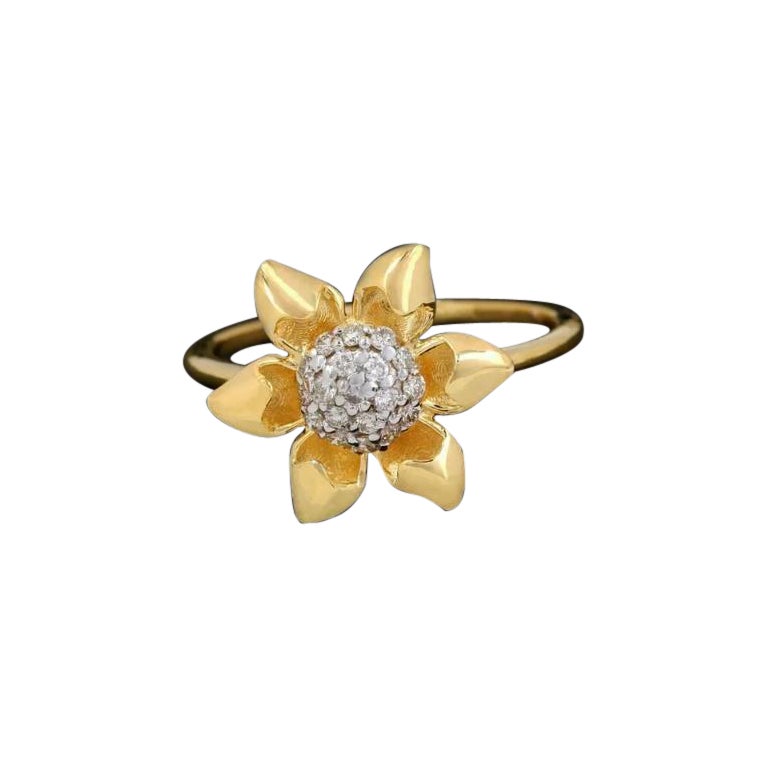 Natural Diamond Band 14k Solid Gold Flower Shape Ring Handmade For Sale