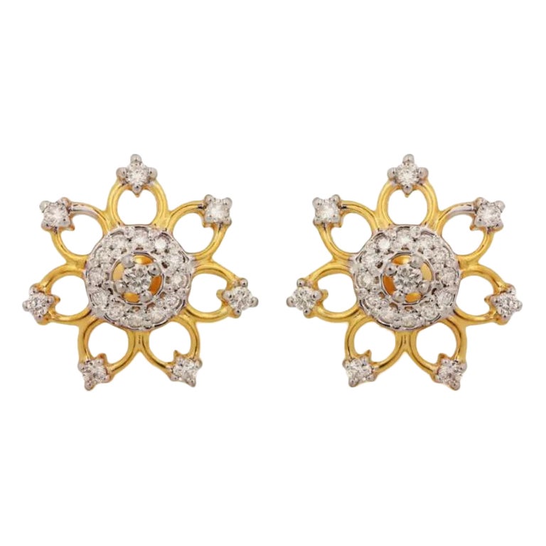 14K Solid Gold Diamond Floral Stud Earring Handmade Fine Jewelry