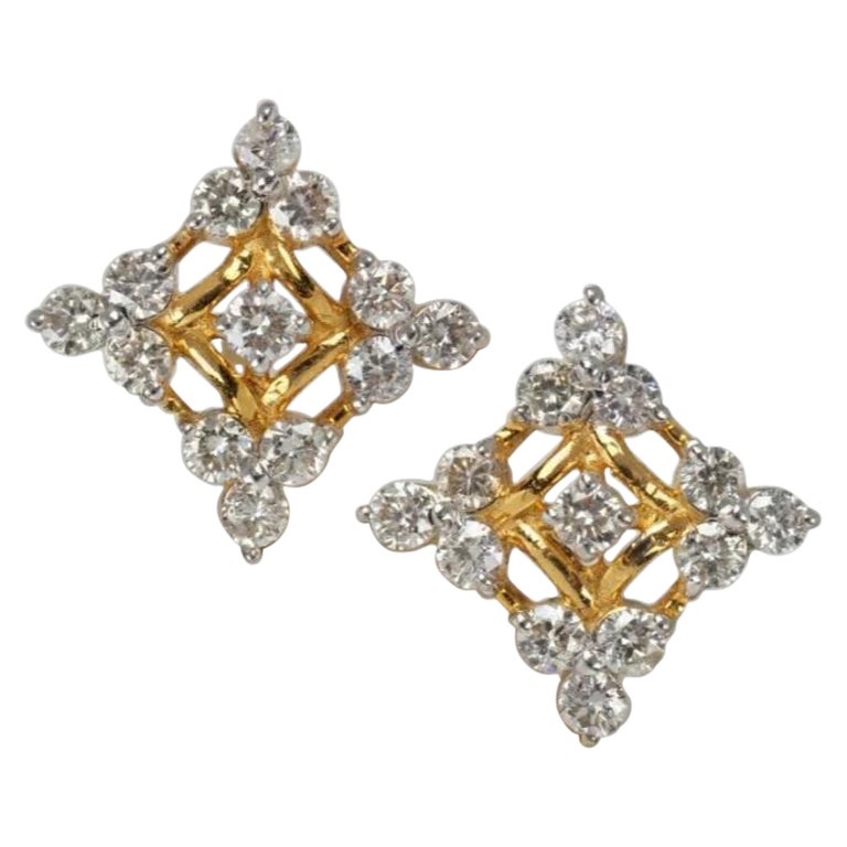 14K Solid Gold Natural Diamond Floral Stud Handmade Earrings