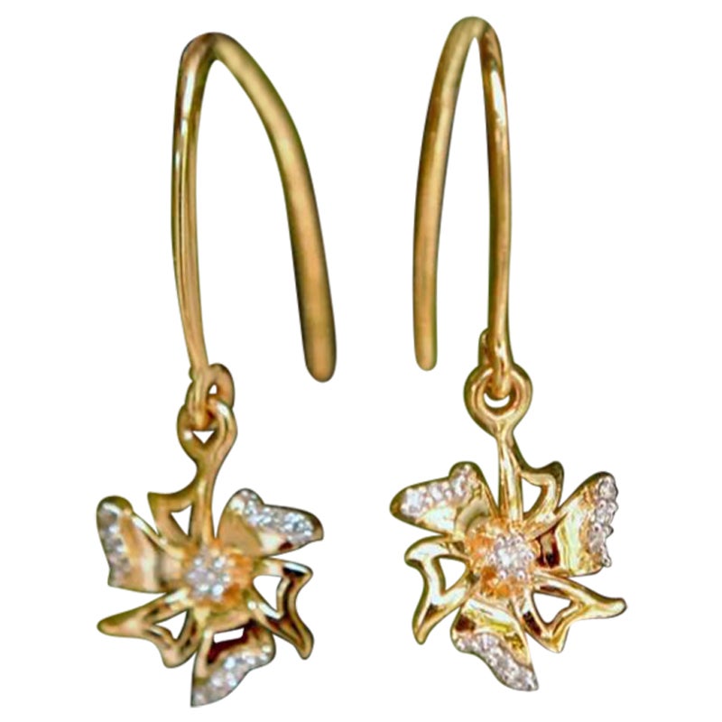 Floral 14k Gold Diamond Drop Dangle Earring For Sale