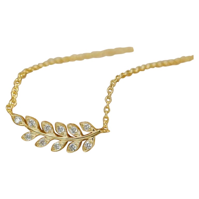 Fern Leaves Diamond Pendant Necklace in 14k Solid Gold For Sale