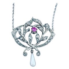 Ruby Rose Cut Diamond Pearl Necklace Antique Art Deco Belle Epoque Pendant