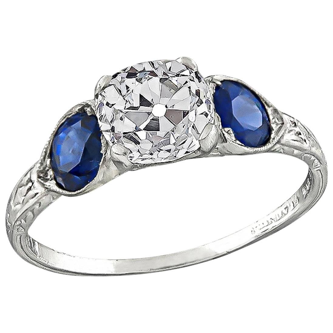 1.39 Carat GIA Certified Old Mine Diamond Sapphire Platinum Engagement Ring For Sale