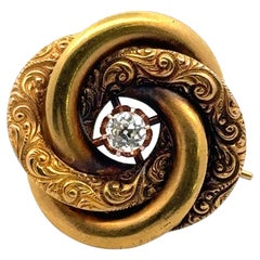 Art Nouveau 20 Karat Yellow Gold Textured Diamond Swirl Knot Brooch Pin