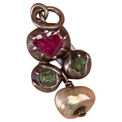 Antique 18th Century Pendant Flower Ruby Emerald Natural Baroque Pearl Silver