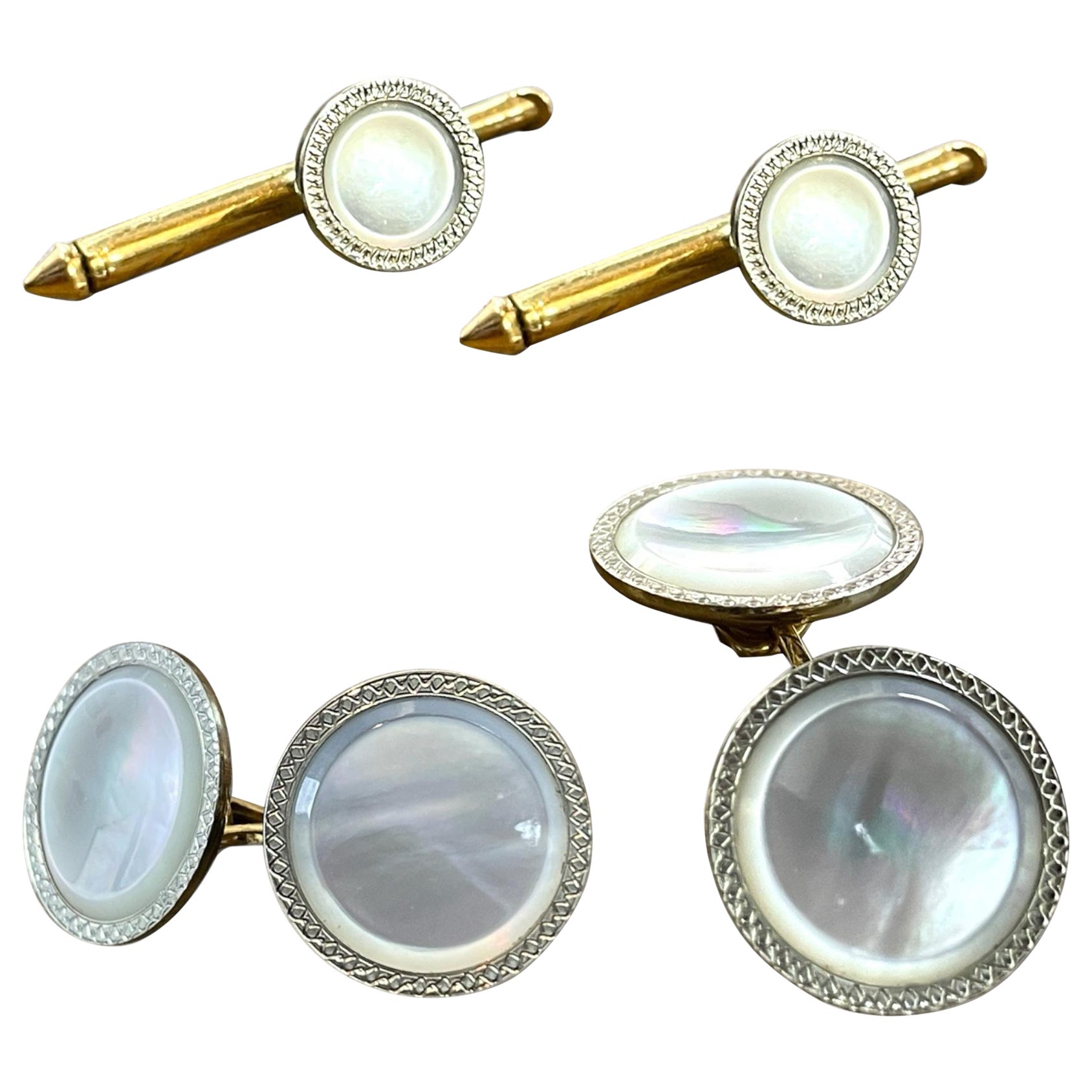 Antique 10K Gold Mother of Pearl Cufflink and Shirt Stud Set For Sale