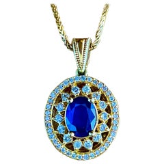 Estate 14K Yellow Gold Blue Sapphire and Diamond Pin Pendant Necklace