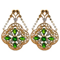 Estate 14K Yellow Gold Green Diopside and Diamond Dangle Earrings