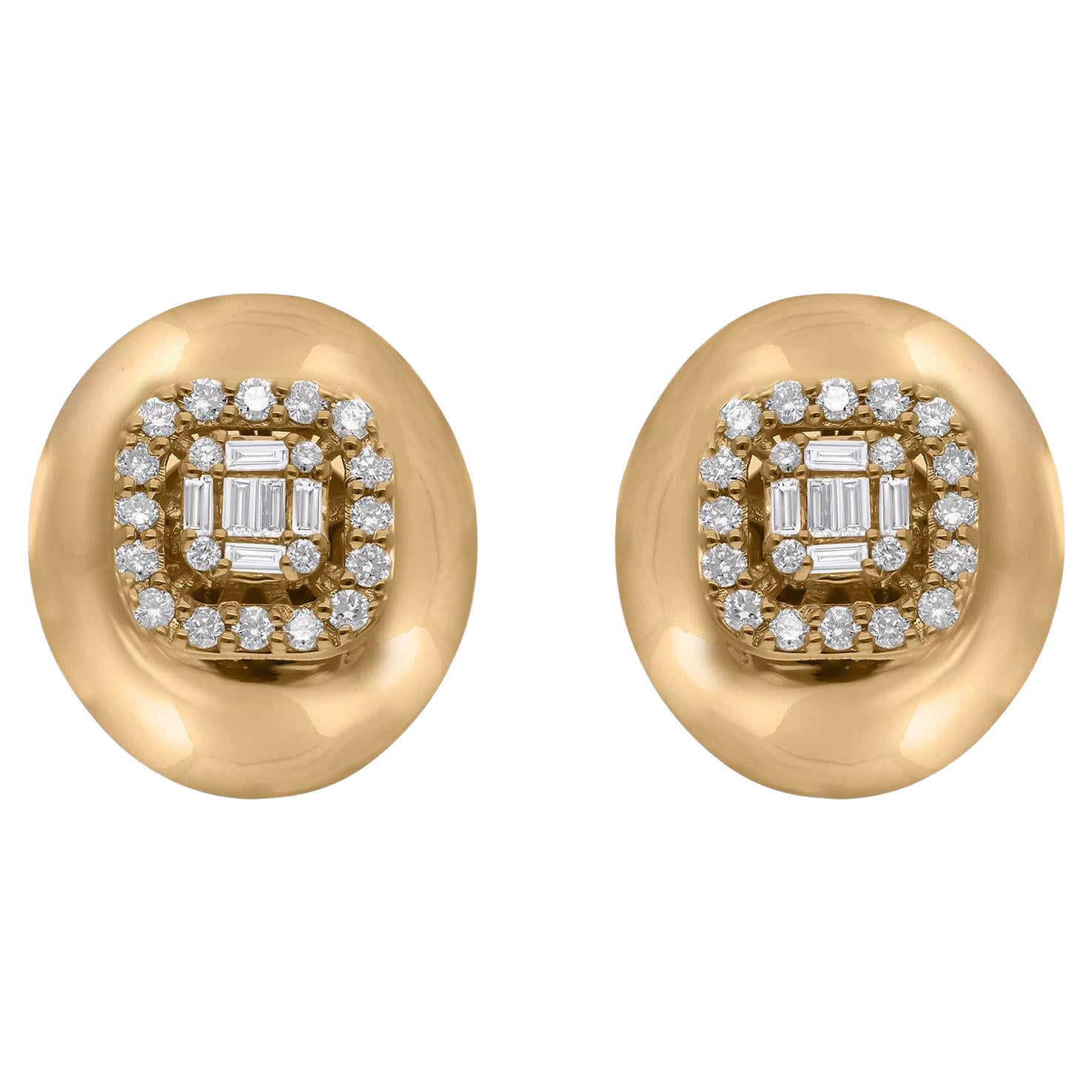 0.44 Carat Baguette Diamond Oval Stud Earrings 18 Karat Yellow Gold Fine Jewelry