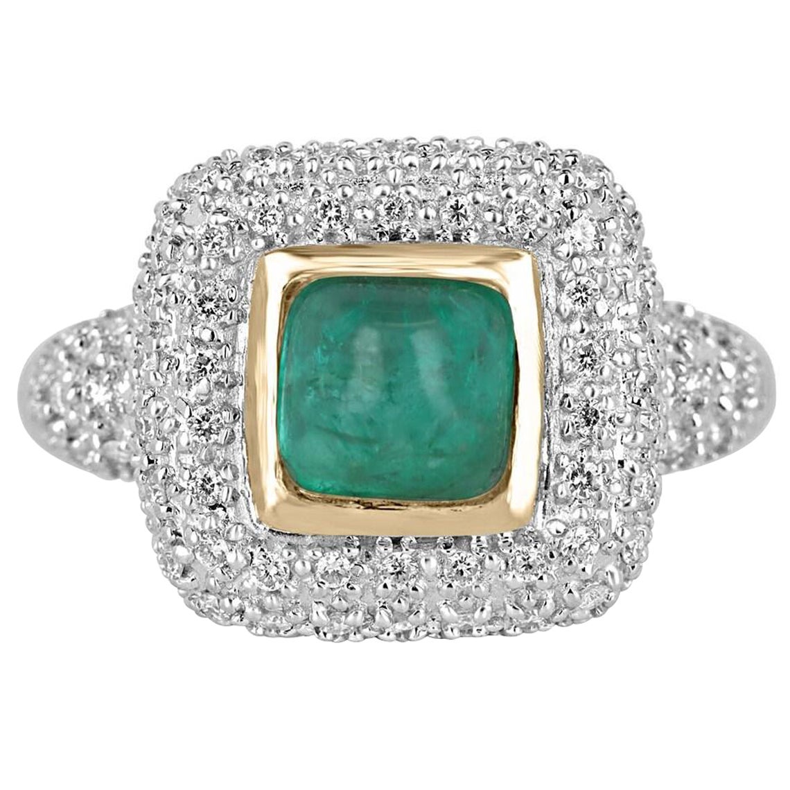 14K gold ring with a 2.54tcw natural sugarloaf cabochon cut emerald and diamond