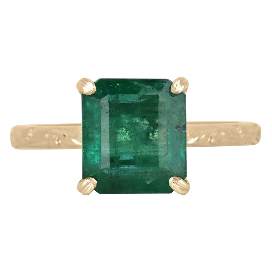 14K gold solitaire ring with 2.89 carat natural Asscher-cut emerald showcasing For Sale