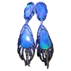 18KT Gold Ohrringe, seltener wunderschöner schwarzer Opal, Diamant im Rosenschliff und blauer Saphir