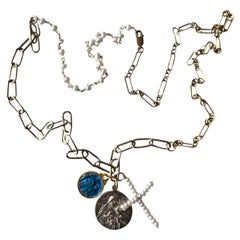Jesus Medal Cup Last Supper Blue Enamel Joseph White Pearl Cross Necklace