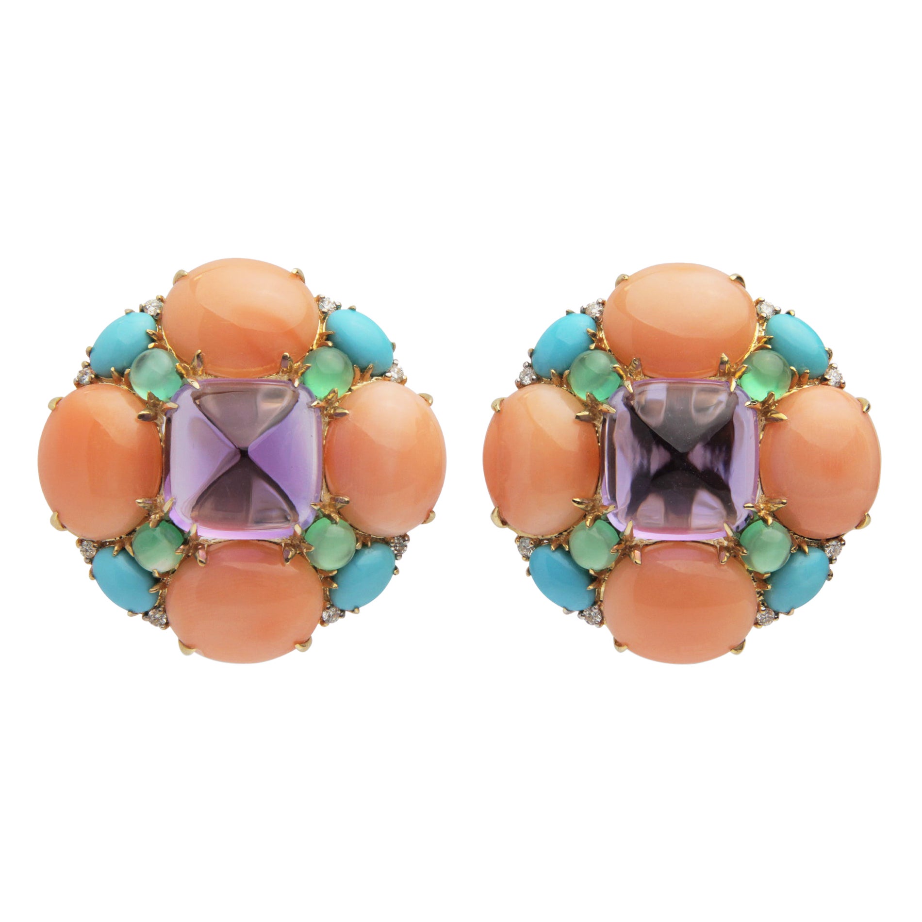 Bold Sugarloaf Amethyst, Coral, Diamond, Turquoise & Green Agate Ear Clips For Sale
