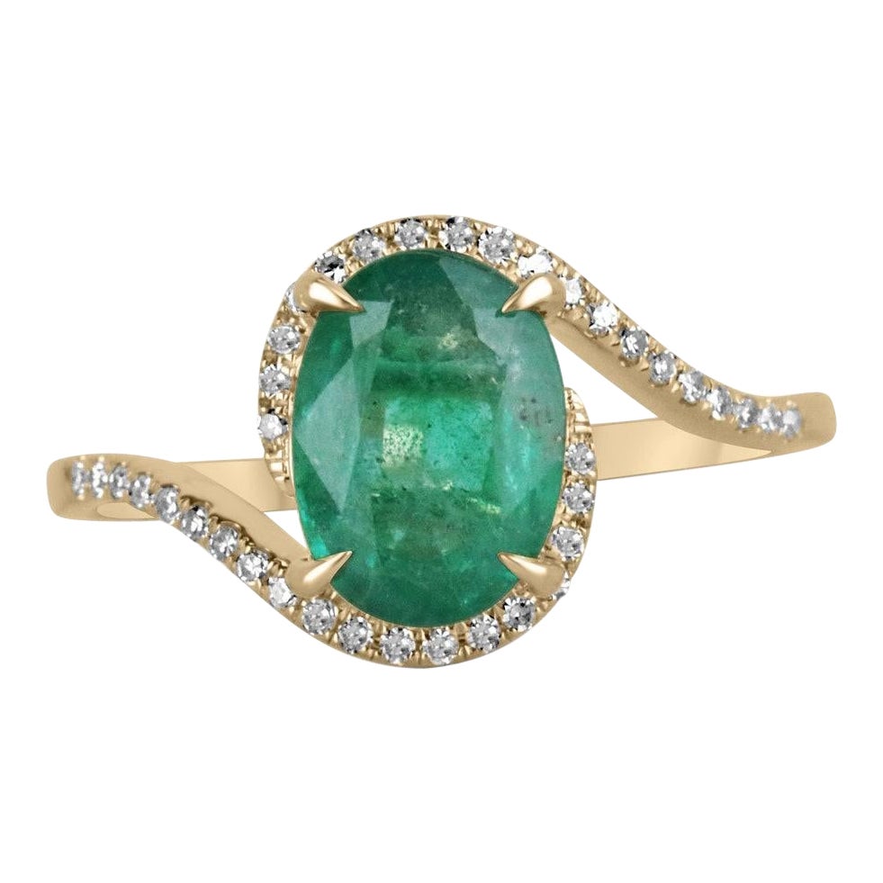 14K Gold 1.80tw Oval Emerald & Diamond Bypass Ring, Twisted Shank Eternity Desig For Sale