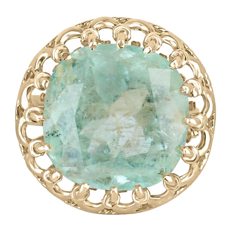 14K Gold 16.75ct Cushion Cut Emerald Ring, Light Green Colombian Vintage