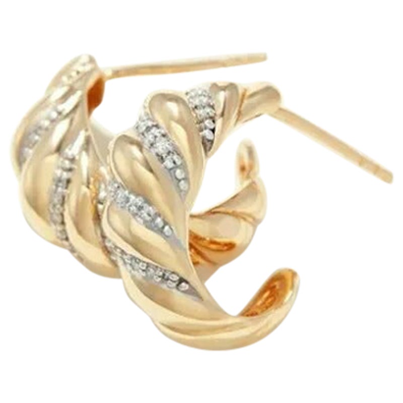 Diamond Croissant 14k Solid Gold Twisted Dome Open Hoop Earrings