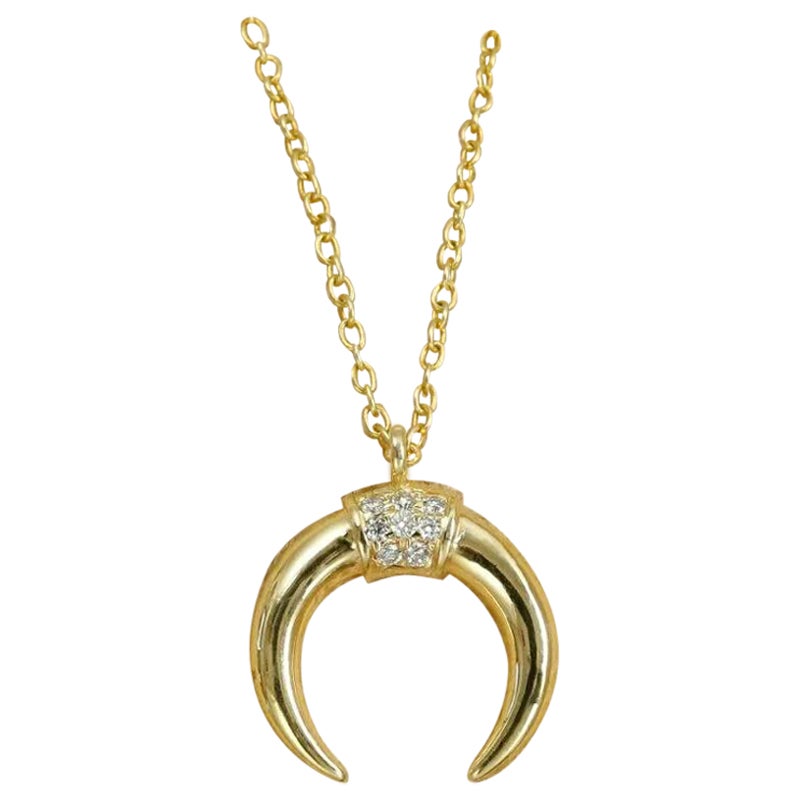 Crescent Moon Diamond Necklace 14k Solid Gold Double Horn