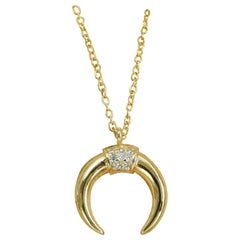 Crescent Moon Diamond Necklace 14k Solid Gold Double Horn