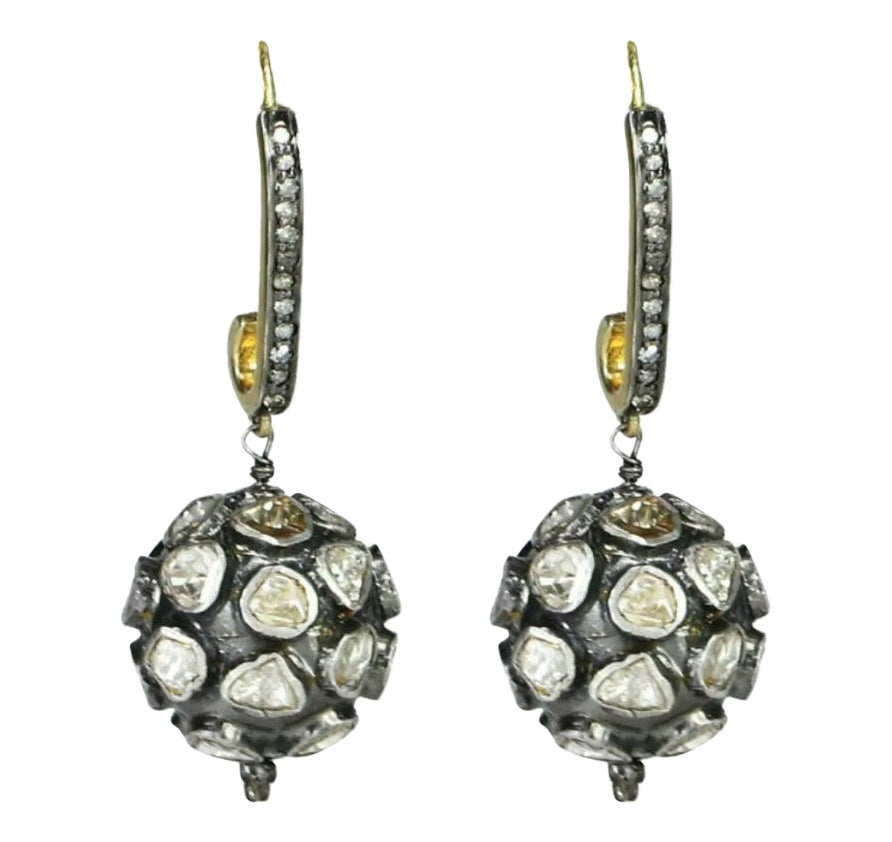 Pave Diamond Beads 14k Gold & 925 Silver Drop Hook Earring