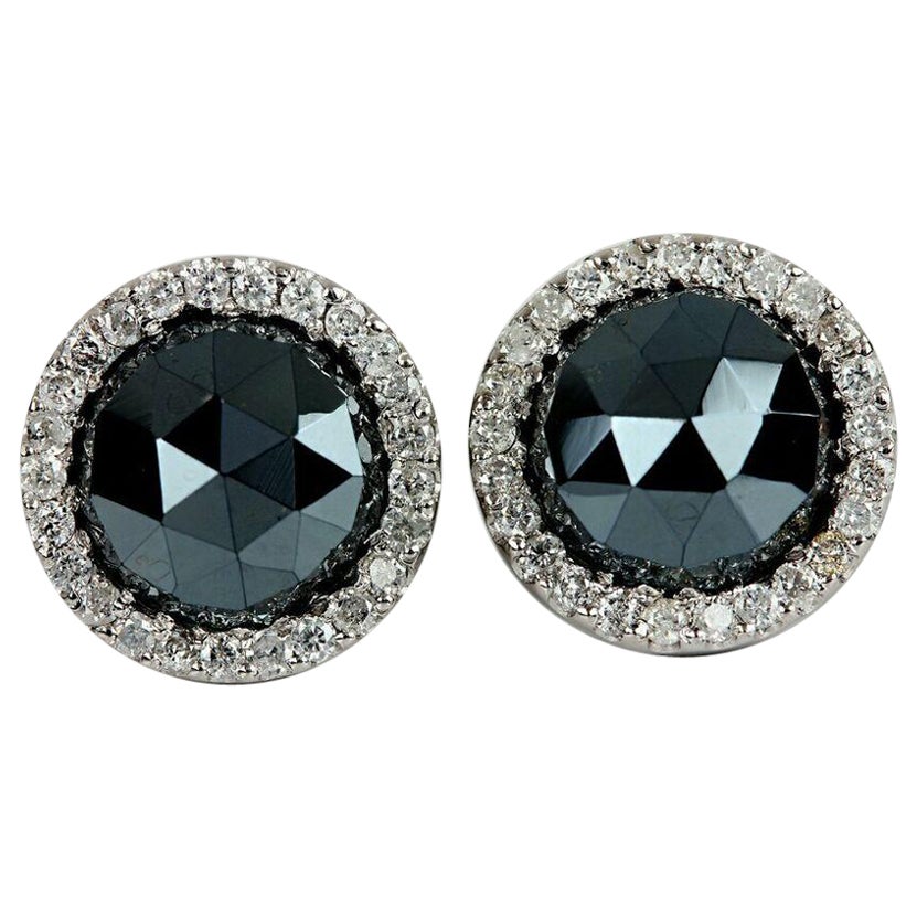 Pave Diamond Black Spinel Round Stud Earring 14k White Gold