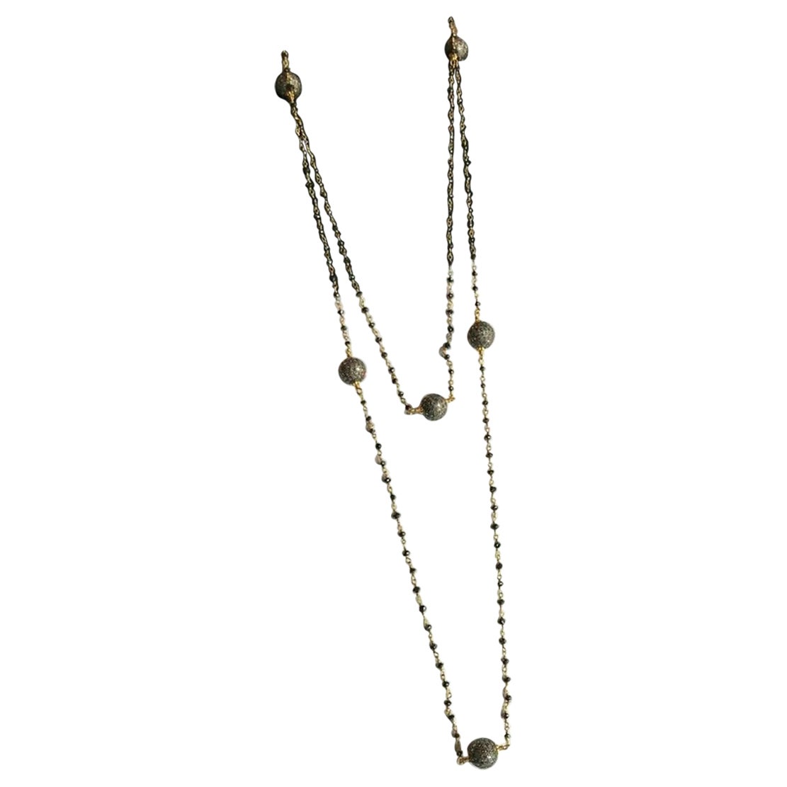 Pave Diamond Beaded Necklace 925 Silver Black Spinel Modern